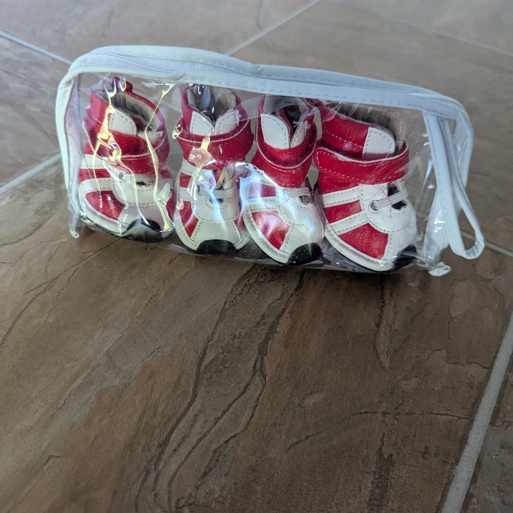 2/$15 Red and White Non Slip Dog Running Shoes/Paw Protection- Size 5/Small